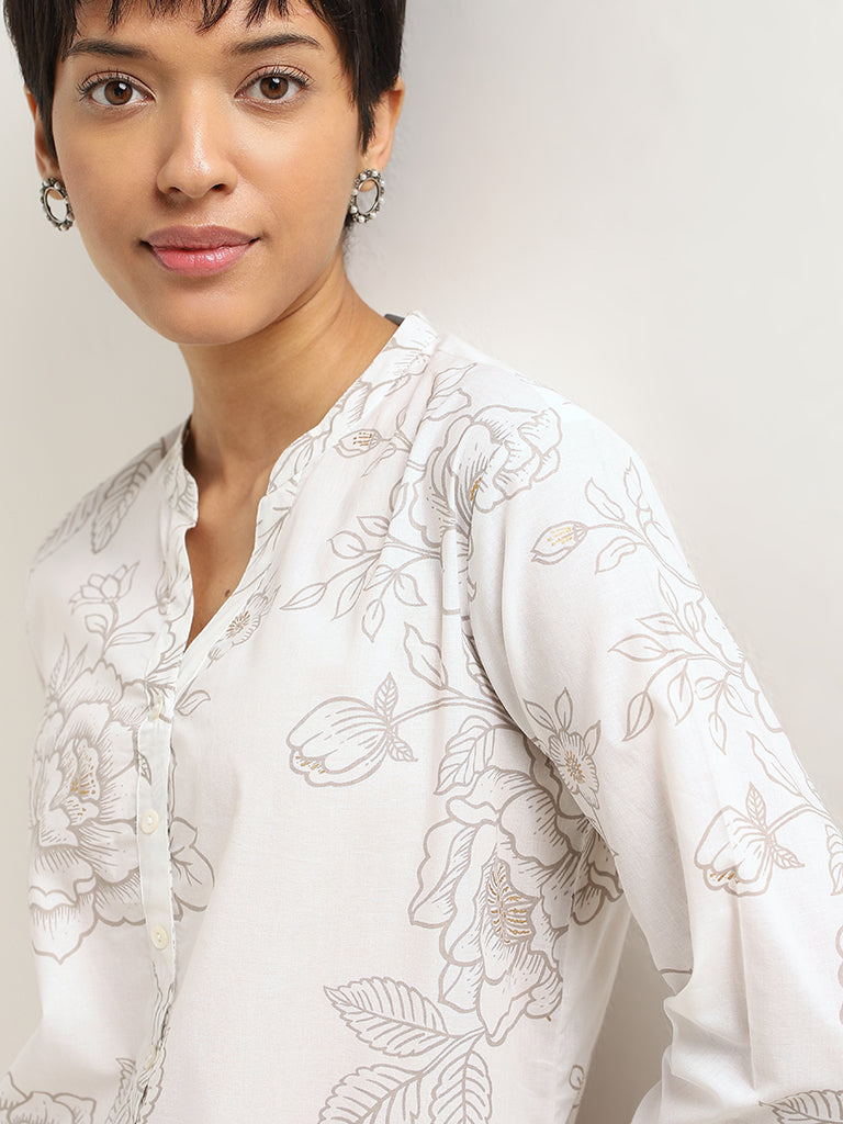 Utsa White Floral Printed Cotton Kurta