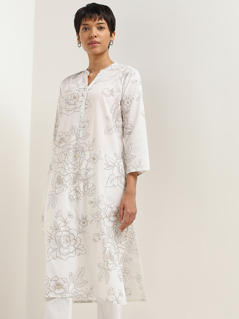 Utsa White Floral Printed Cotton Kurta