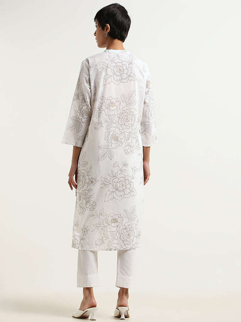 Utsa White Floral Printed Cotton Kurta