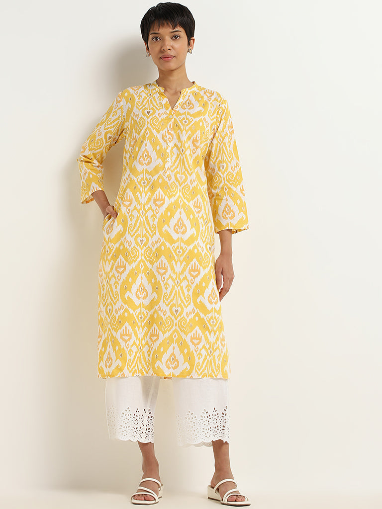 Utsa Yellow Ikat Printed Cotton Kurta