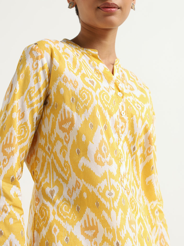 Utsa Yellow Ikat Printed Cotton Kurta