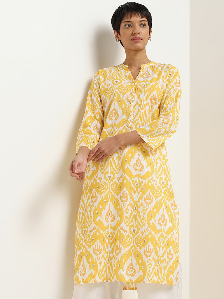 Utsa Yellow Ikat Printed Cotton Kurta