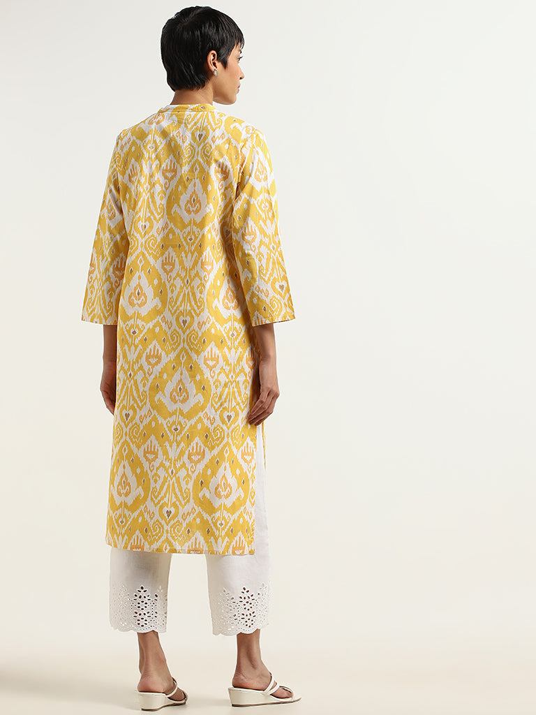 Utsa Yellow Ikat Printed Cotton Kurta