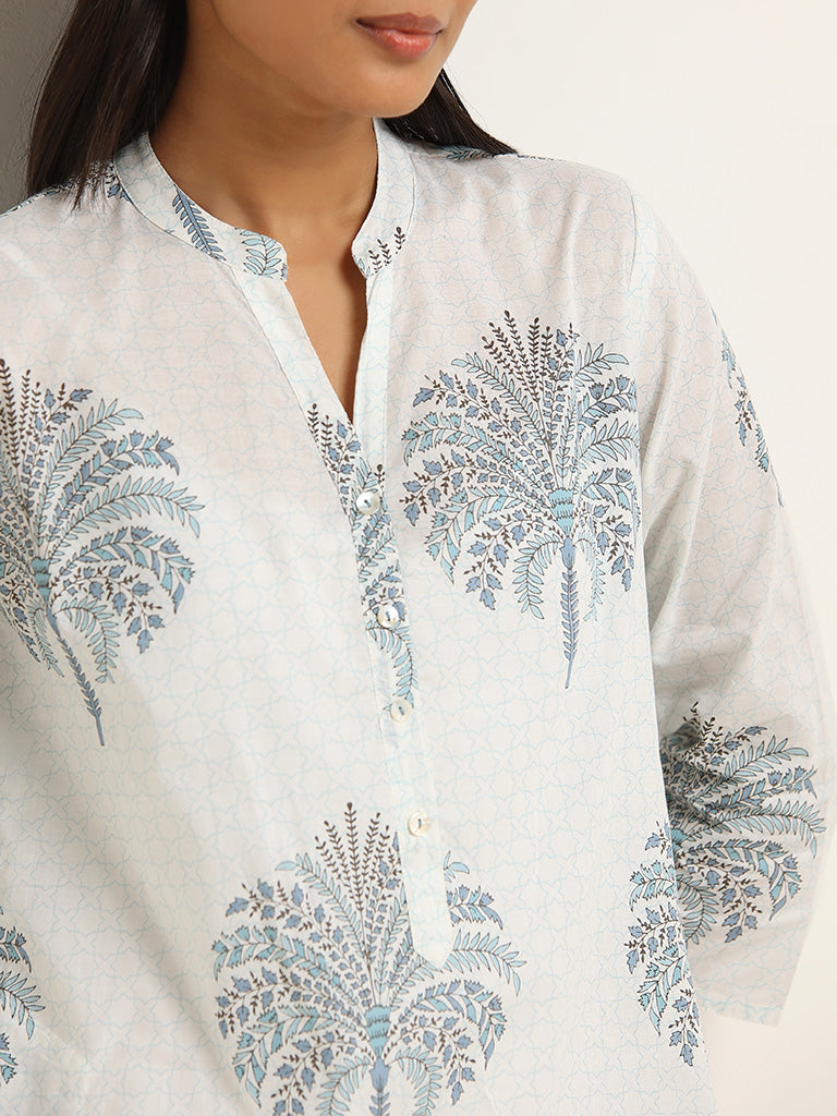 Utsa Blue Foliage Design Cotton A-Line Kurta