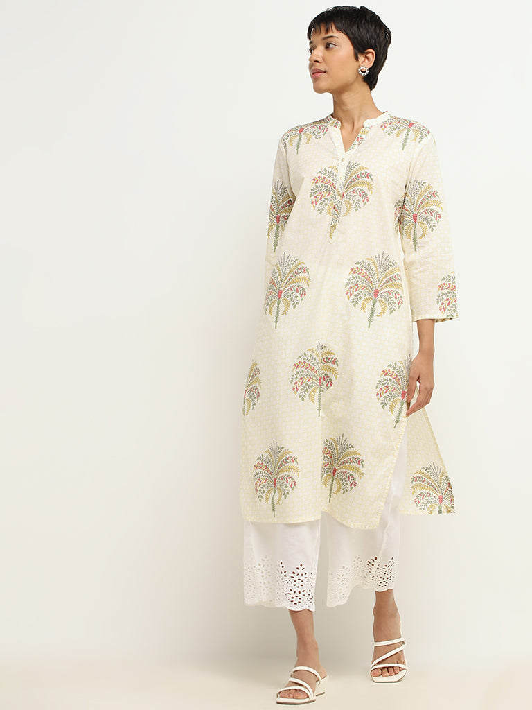 Utsa Light Yellow Mughal Floral Print Cotton Kurta