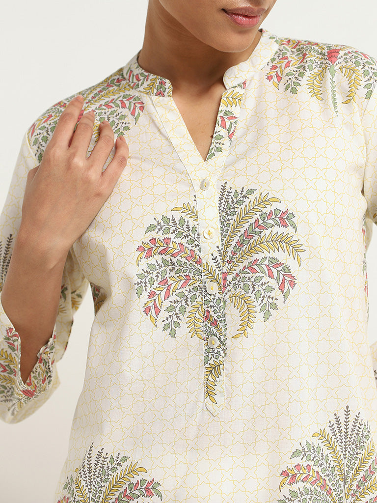 Utsa Light Yellow Mughal Floral Print Cotton Kurta