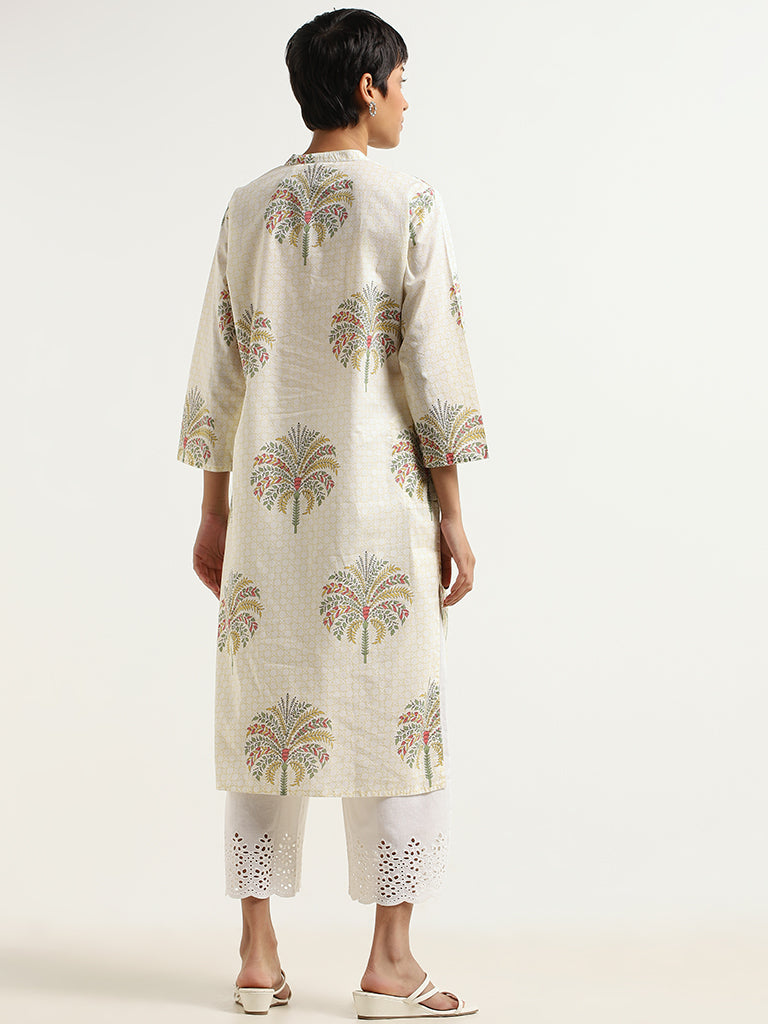 Utsa Light Yellow Mughal Floral Print Cotton Kurta