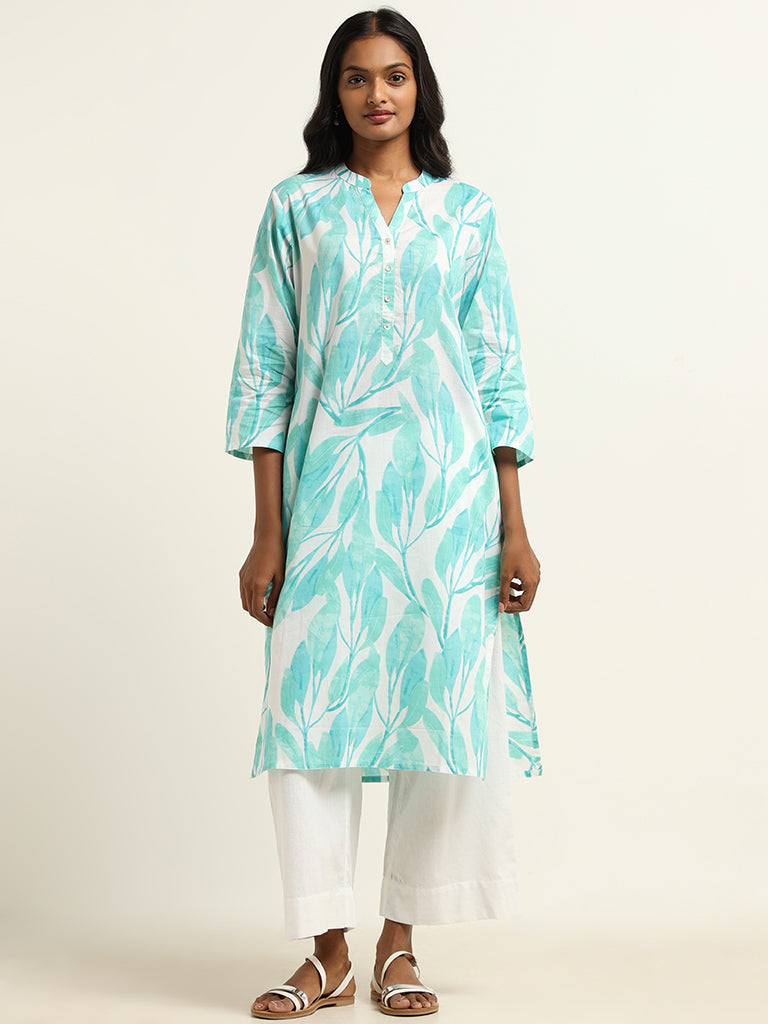 Utsa Light Blue Leaf Printed Kurta