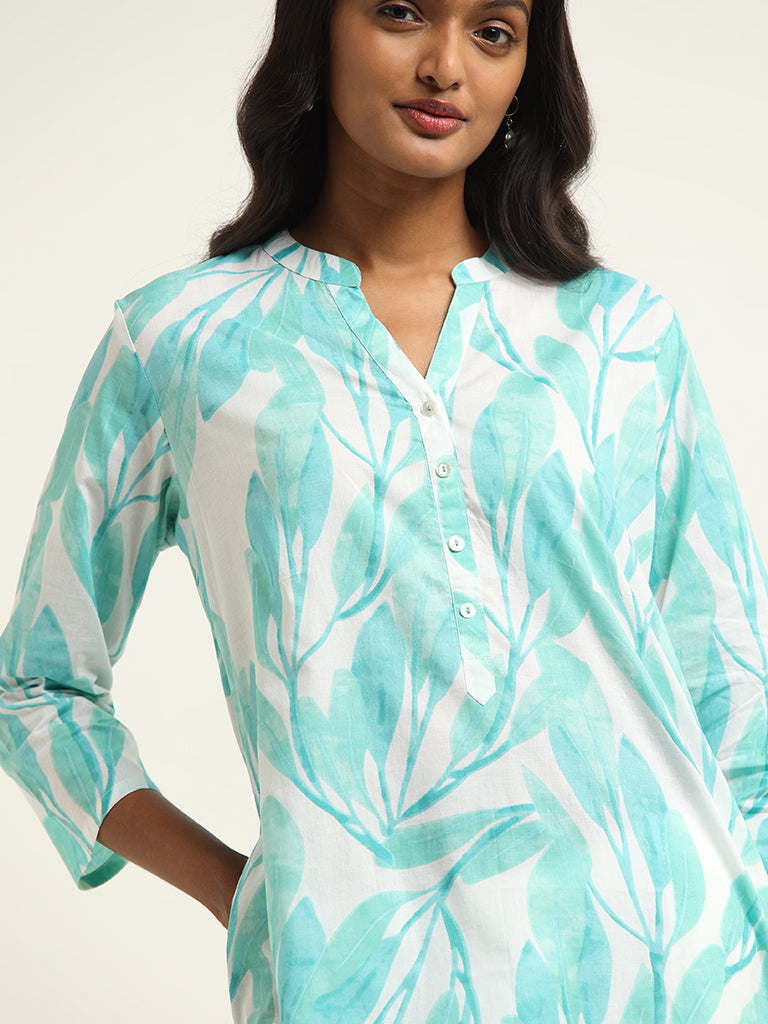 Utsa Light Blue Leaf Printed Kurta