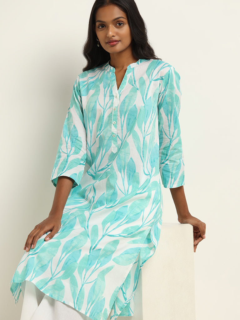 Utsa Light Blue Leaf Printed Kurta