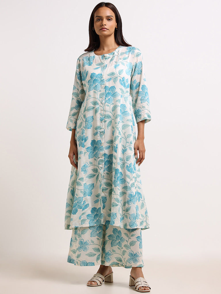 Zuba Blue Floral Cotton Palazzos