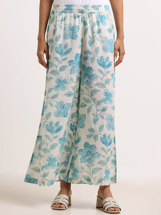 Zuba Blue Floral Cotton Palazzos