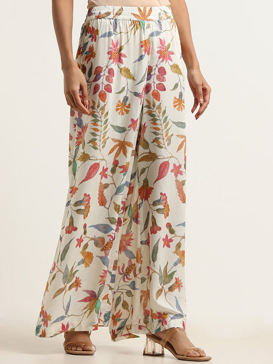 Zuba Off-White Floral Cotton Palazzos