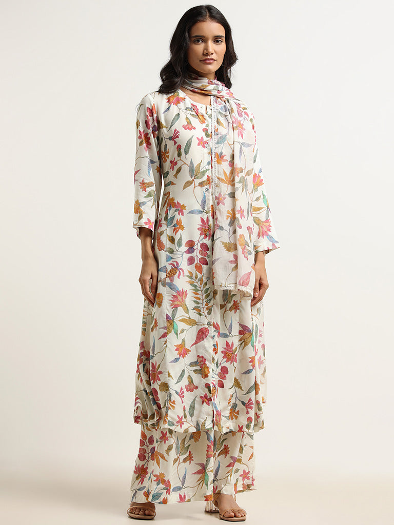 Zuba Off-White Floral Cotton Palazzos