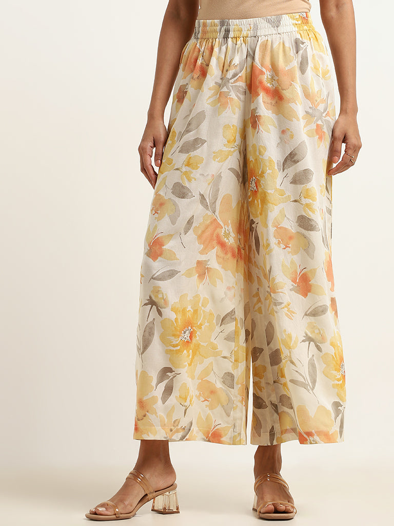 Zuba Yellow Floral Cotton Palazzos