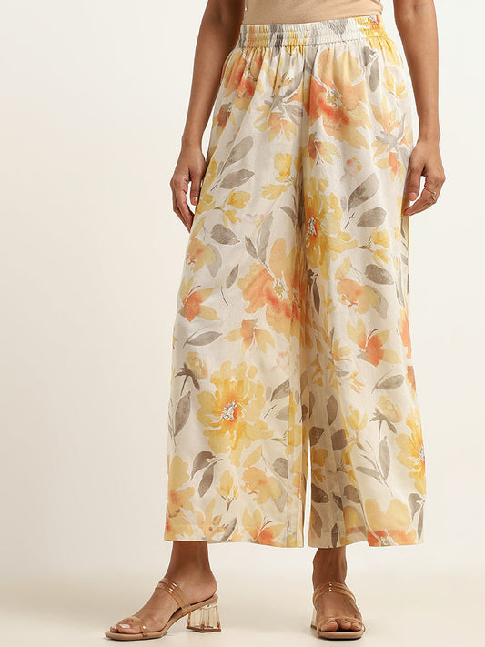 Zuba Yellow Floral Cotton Palazzos