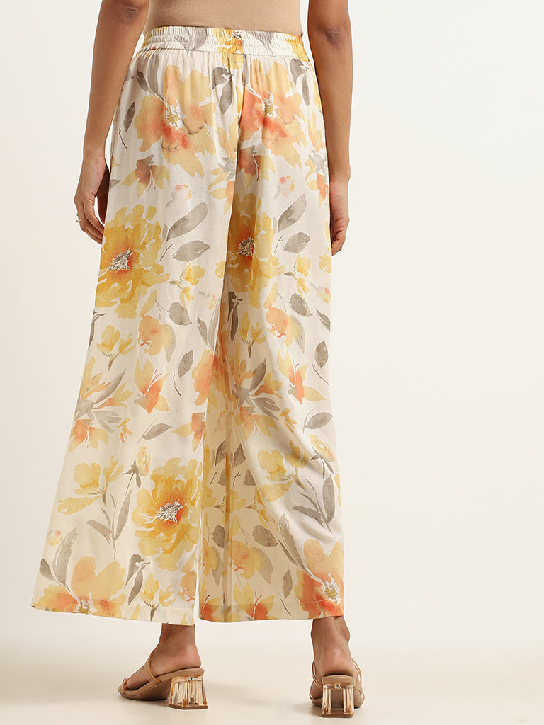 Zuba Yellow Floral Cotton Palazzos