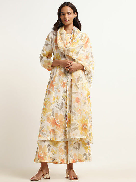 Zuba Yellow Floral Cotton Palazzos