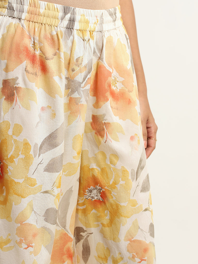 Zuba Yellow Floral Cotton Palazzos