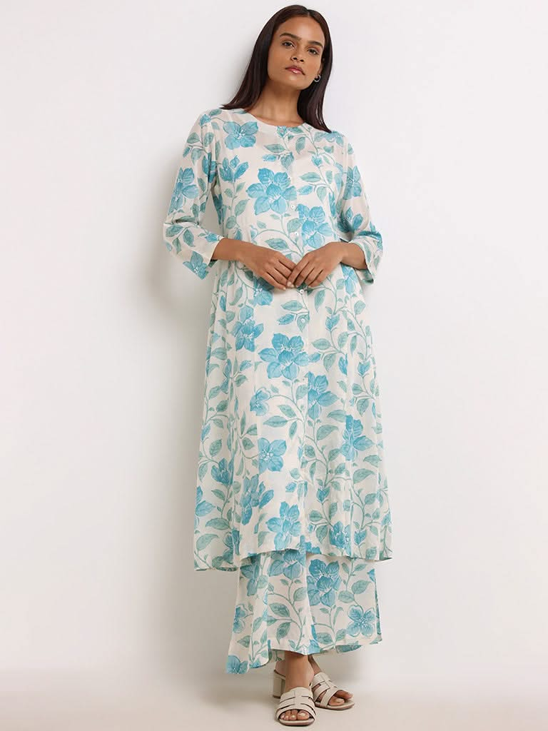 Zuba Blue Floral Cotton Kurta