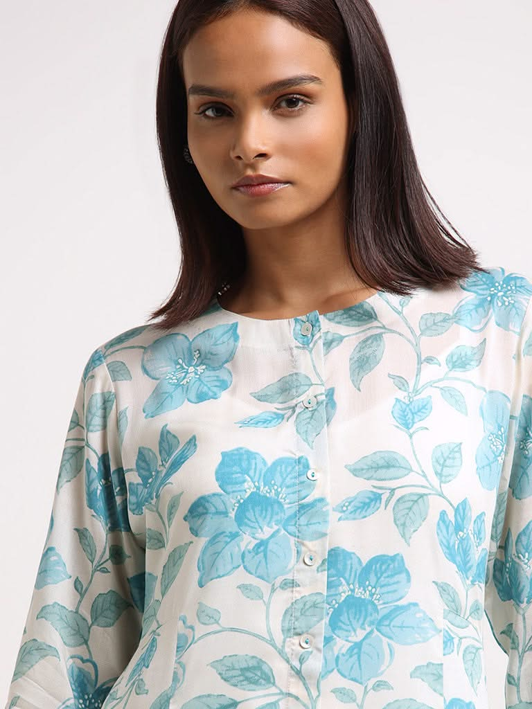 Zuba Blue Floral Cotton Kurta