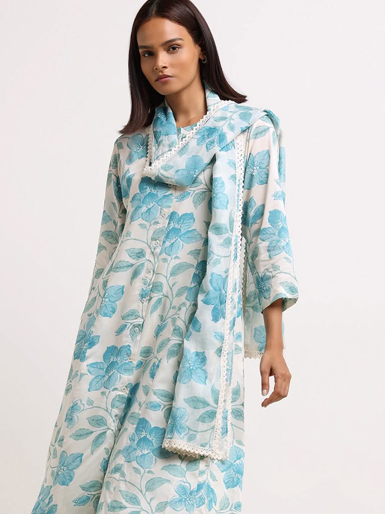 Zuba Blue Floral Cotton Kurta