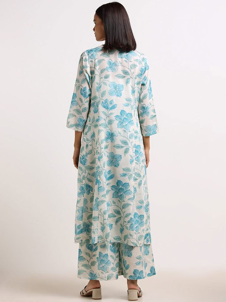 Zuba Blue Floral Cotton Kurta