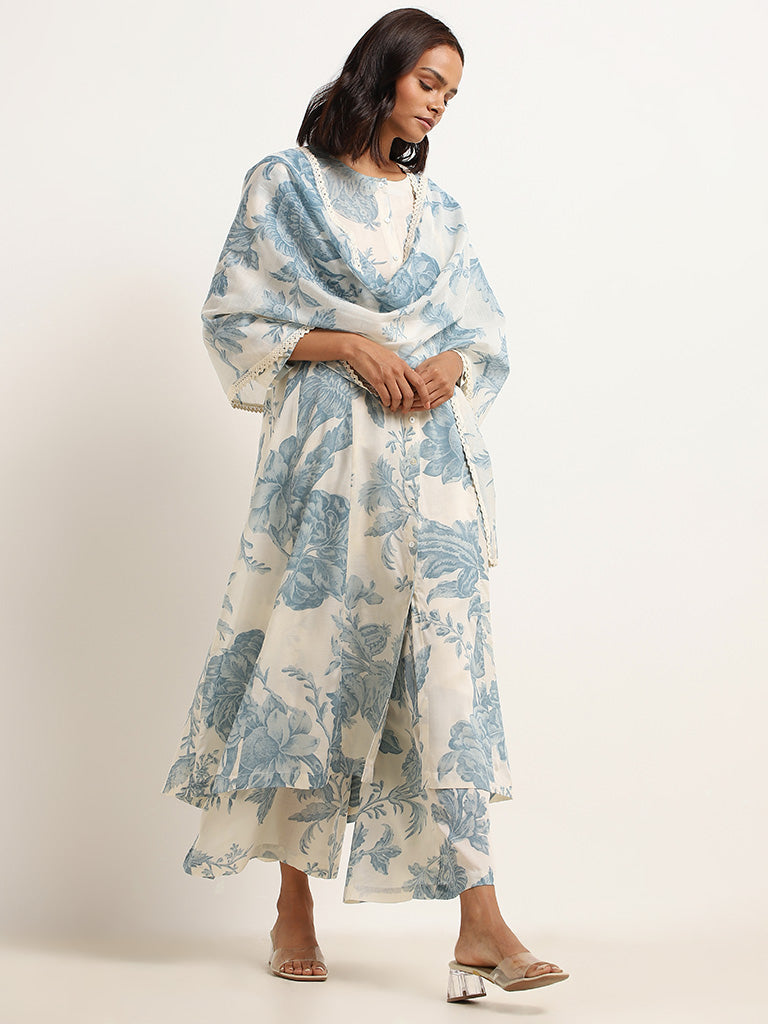 Zuba Indigo Floral Print Button-Down Kurta