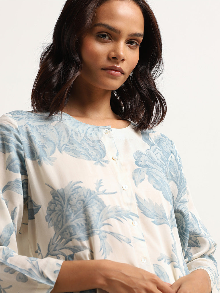 Zuba Indigo Floral Print Button-Down Kurta