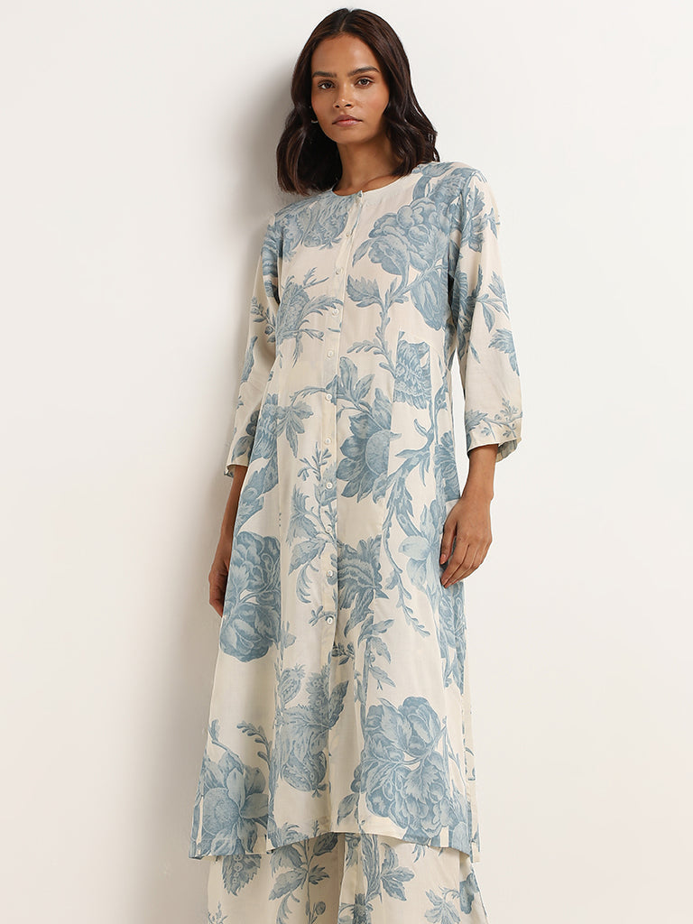 Zuba Indigo Floral Print Button-Down Kurta