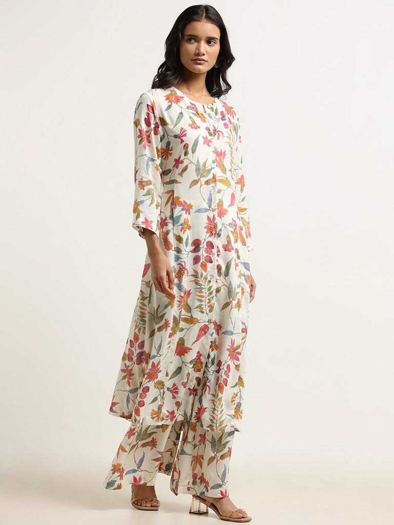 Zuba Off-White Floral Cotton Kurta