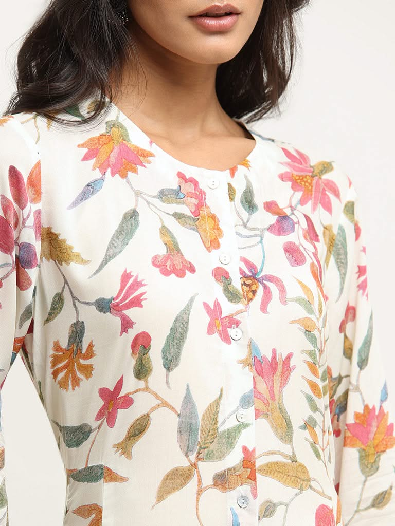 Zuba Off-White Floral Cotton Kurta