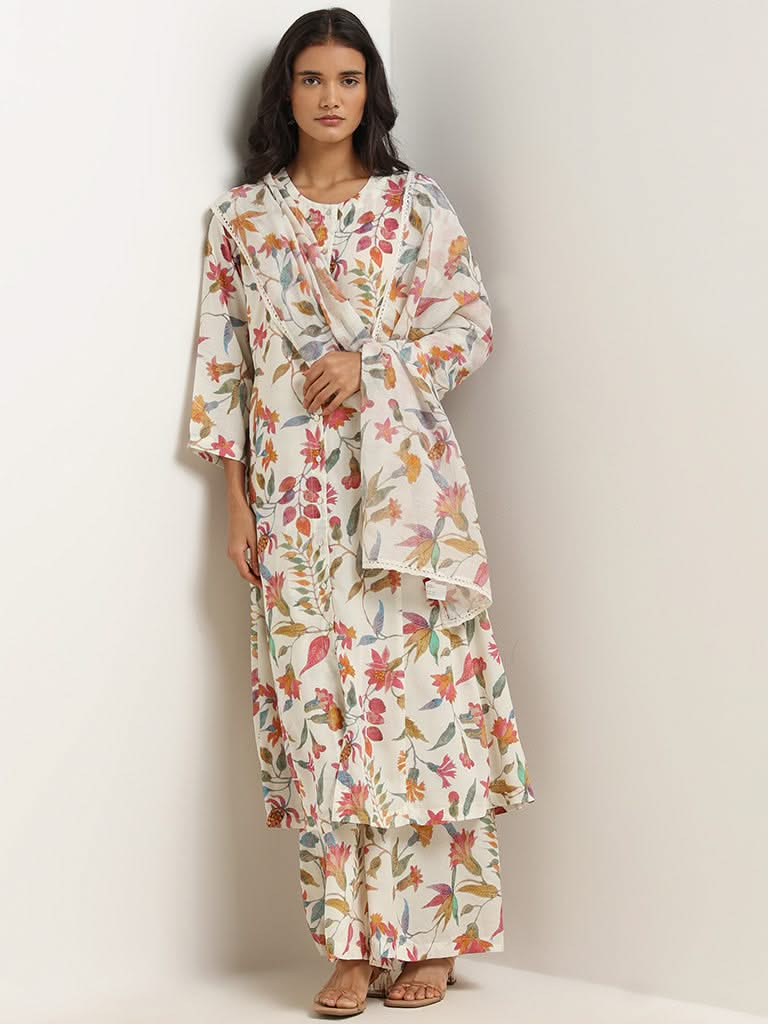 Zuba Off-White Floral Cotton Kurta