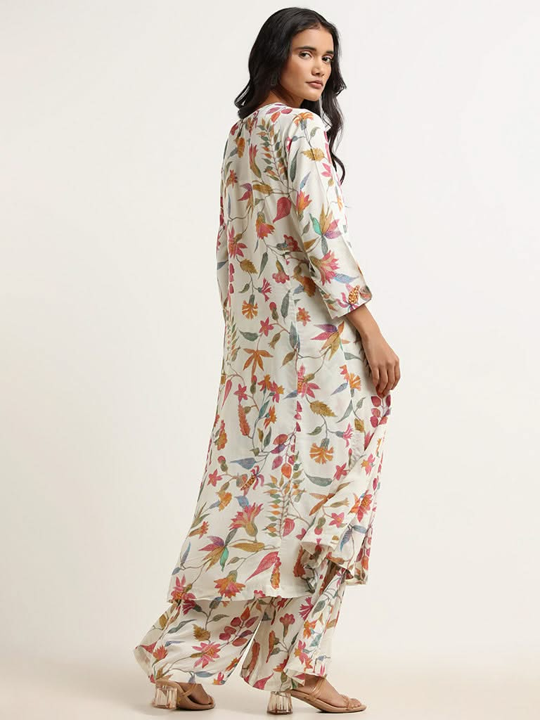 Zuba Off-White Floral Cotton Kurta