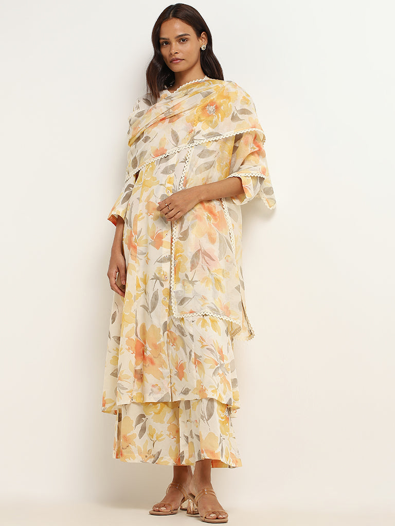 Zuba Yellow Floral Print Cotton Buttoned Down Kurta