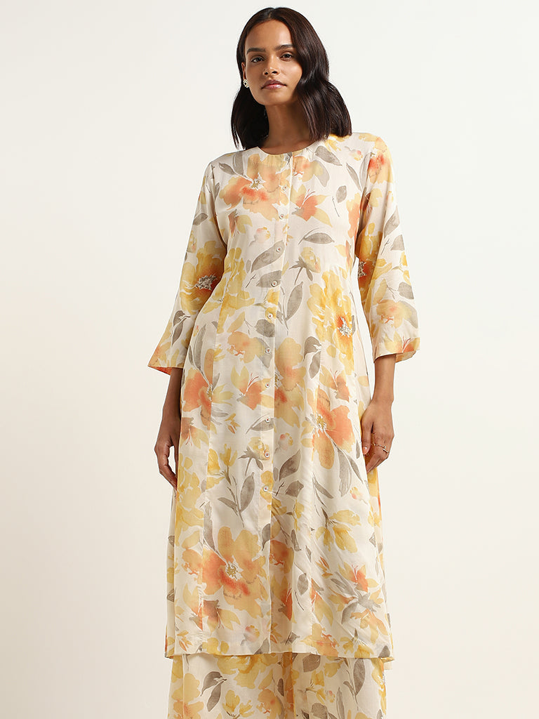 Zuba Yellow Floral Print Cotton Buttoned Down Kurta