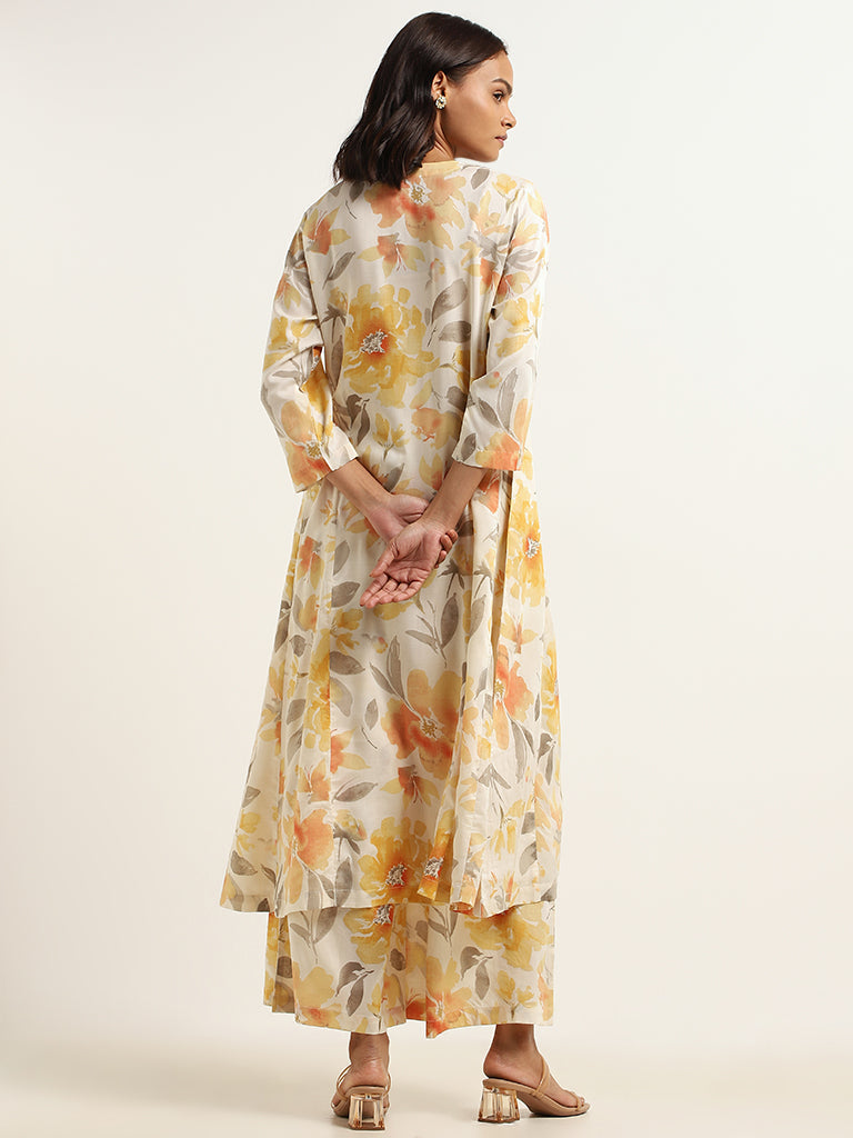 Zuba Yellow Floral Print Cotton Buttoned Down Kurta