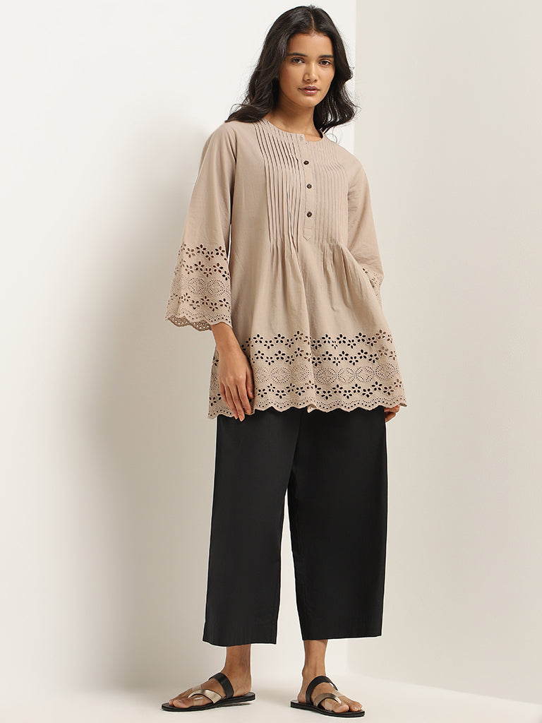 Utsa Beige Cotton Schiffli Kurti