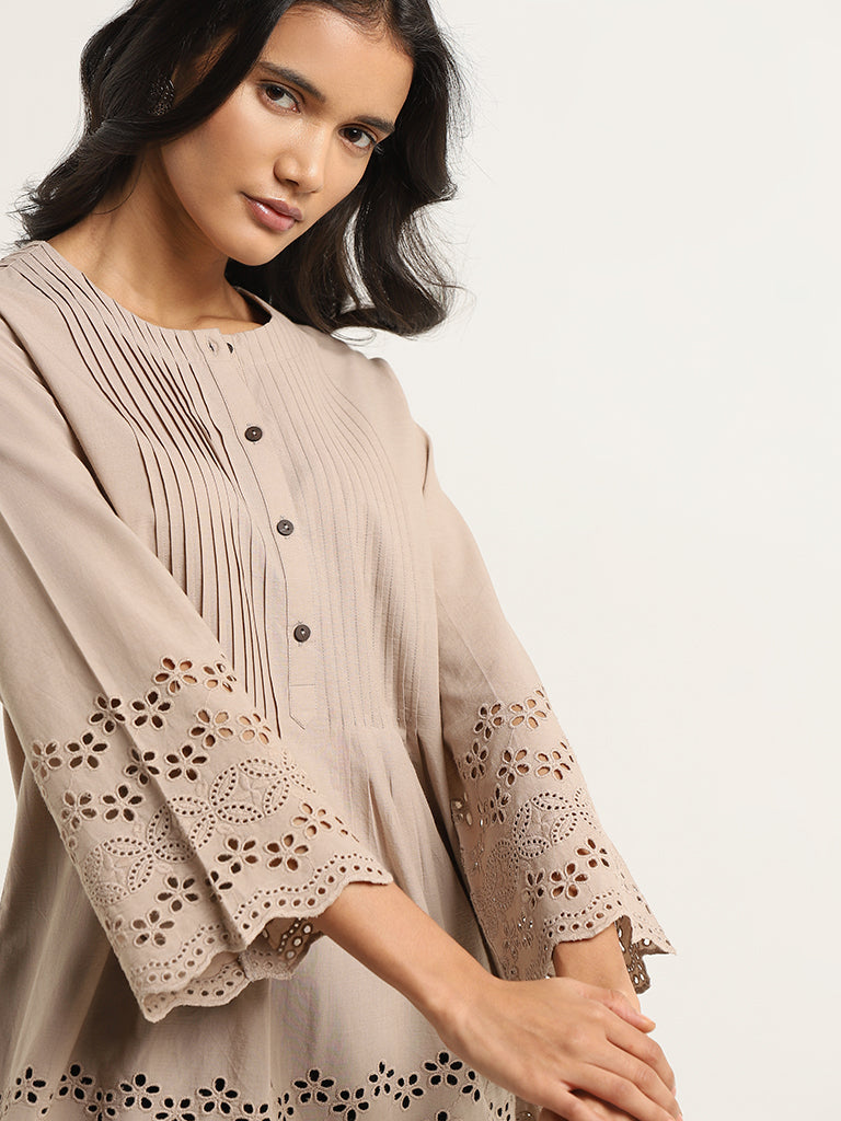 Utsa Beige Cotton Schiffli Kurti