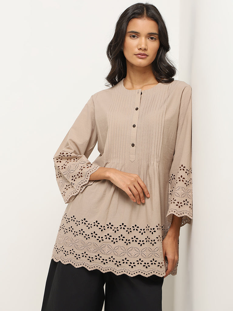 Utsa Beige Cotton Schiffli Kurti