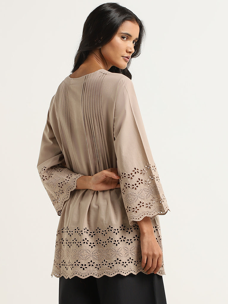 Utsa Beige Cotton Schiffli Kurti