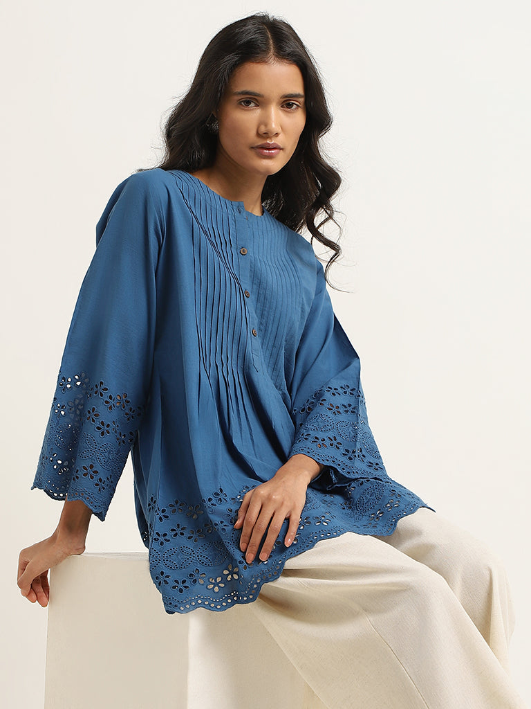 Utsa Blue Cotton Schiffli Kurti