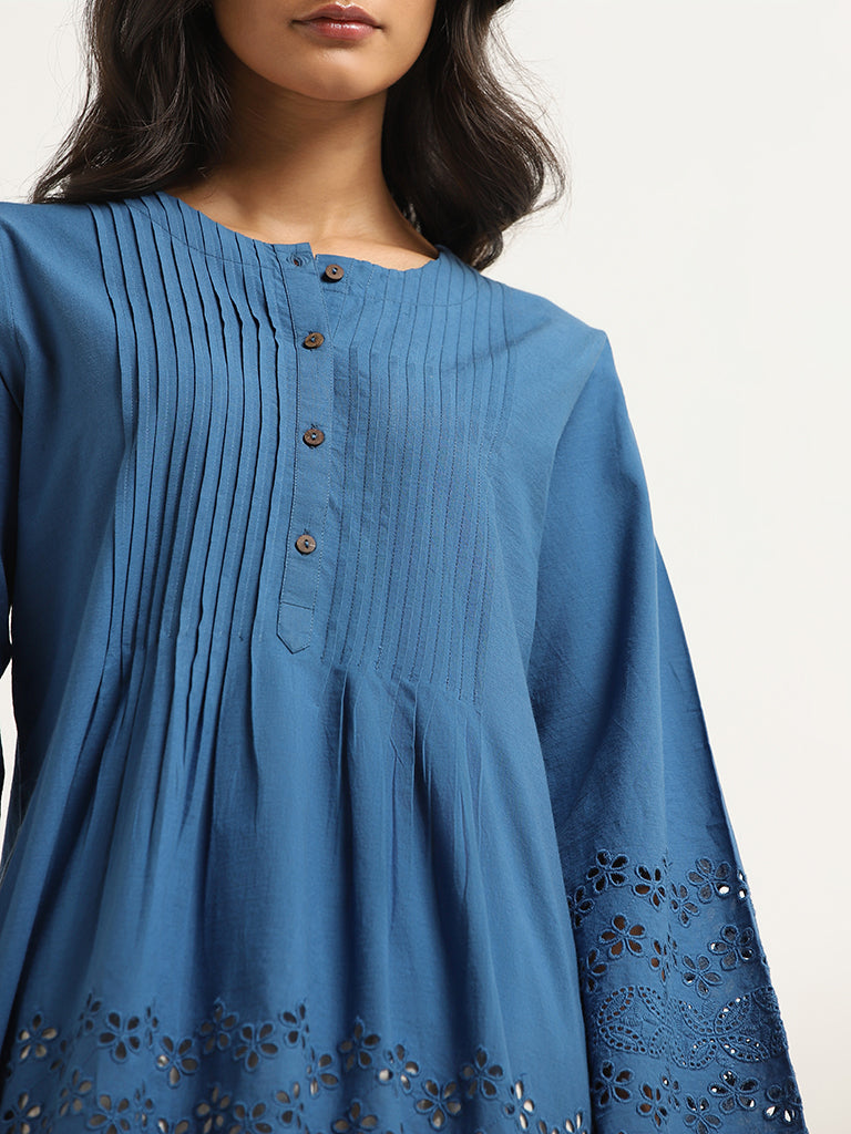 Utsa Blue Cotton Schiffli Kurti