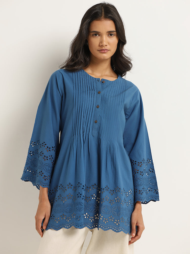 Utsa Blue Cotton Schiffli Kurti