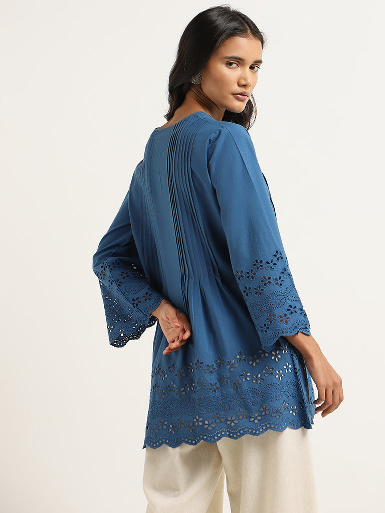 Utsa Blue Cotton Schiffli Kurti