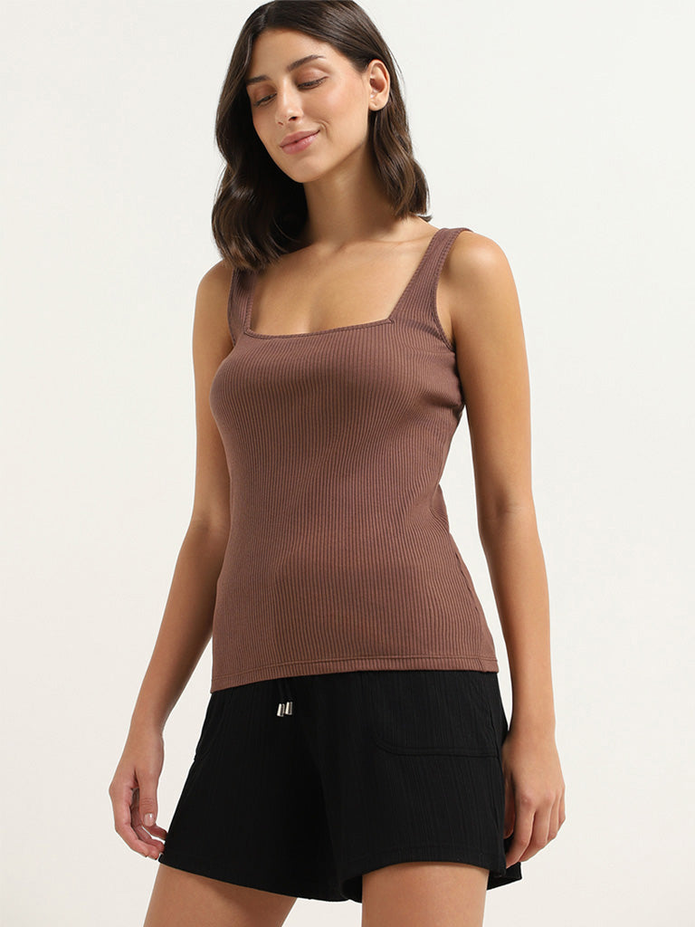 Wunderlove Brown Cotton Blend Ribbed Camisole