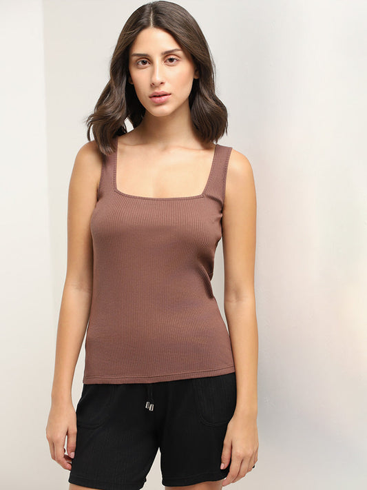 Wunderlove Brown Cotton Blend Ribbed Camisole