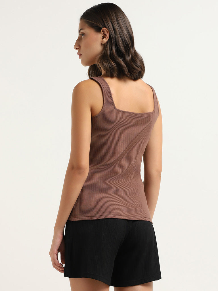 Wunderlove Brown Cotton Blend Ribbed Camisole