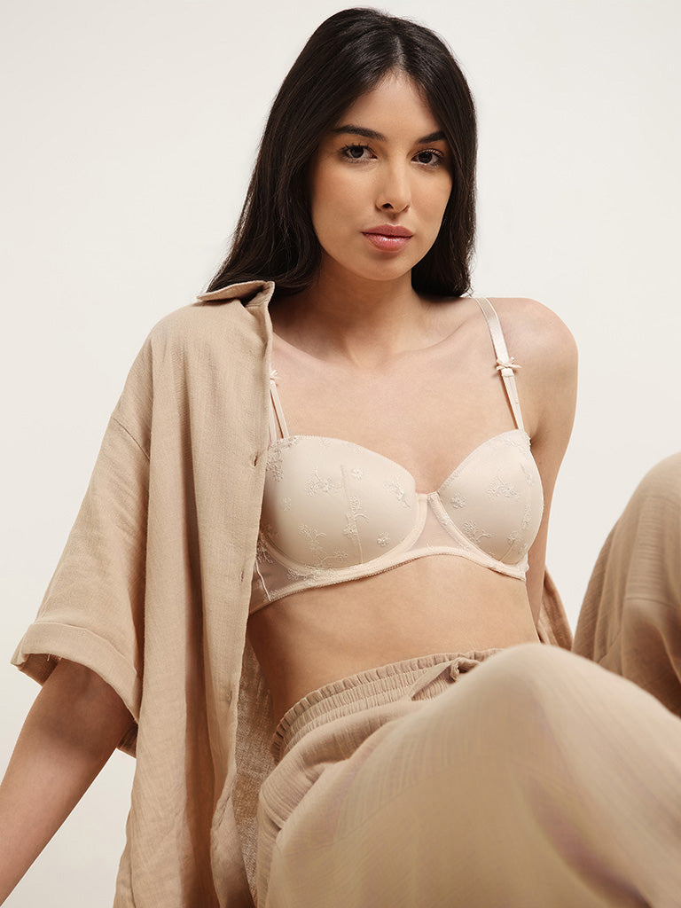 Wunderlove Cream Floral Balconette Bra