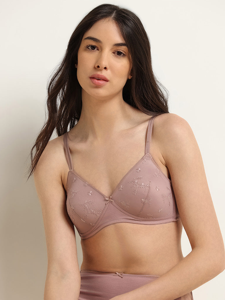 Wunderlove Brown Floral Embroidered Bra